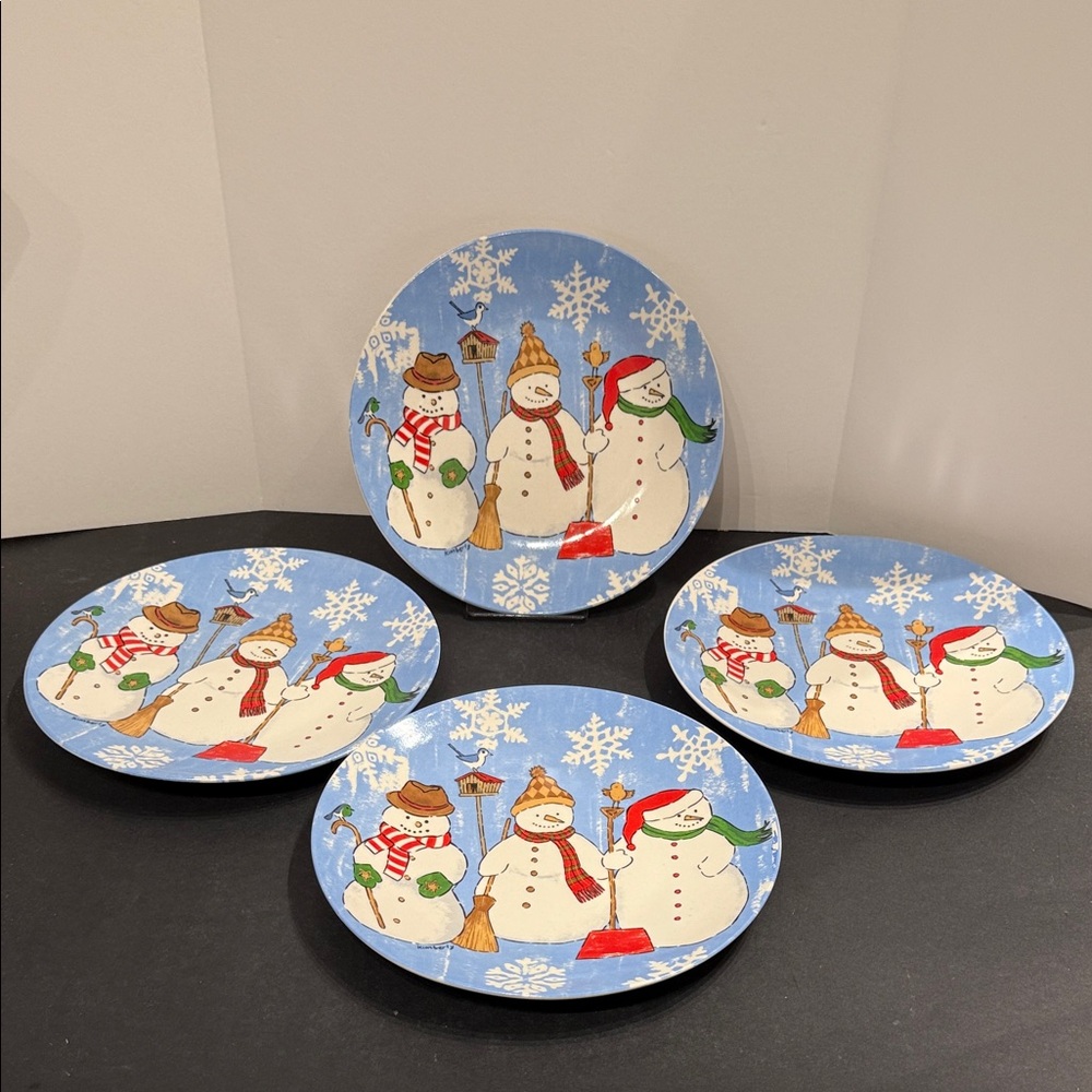 Christmas plates Snowman Trio Dessert Salad glass Plates 4 Pc Holiday blue color